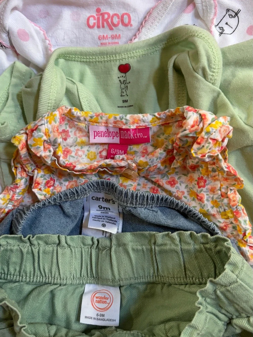 Lot Of 19 Baby Girl 6-9 Month Clothing Bundle Pajamas Shorts Sets Onesies